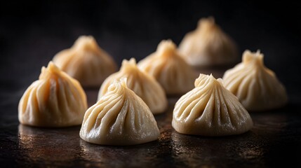 Dim sum dumplings arranged asymmetrically, dark matte background