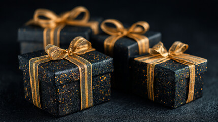 Four elegantly wrapped black gifts with gold ribbons and bows are arranged on a dark background for a luxurious and sophisticated presentation