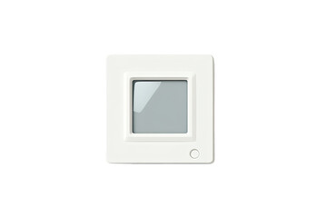 White square device with a display.  Small, rectangular screen within a larger white frame.  Simple design.  Possible control panel or thermostat
