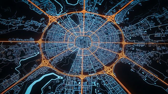 A futuristic city map with orange lines and blue grid layout radiates from a central hub at night.