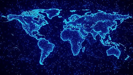 Digital world map with glowing blue network connection points on dark background for global technology and communication concept.