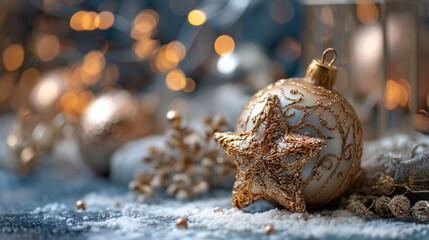 A close-up of a gold and white Christmas ornament with a star on top surrounded by festive decorations and bokeh lights