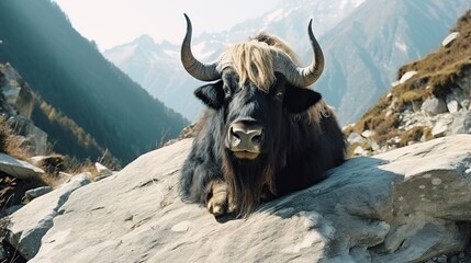 Highland cow resting on a sunlit rocky ridge beneath dramatic alpine mountains and blue sky