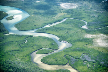 Scenic Queensland river aerial perspective showing curves, greenery, and natural landscapes from...