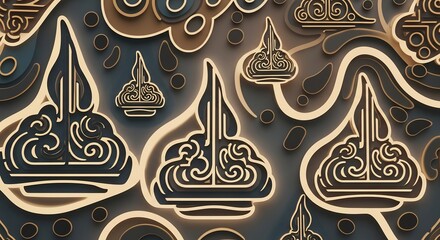 Pattern of stylized goldcolored teardrop shapes with intricate swirls and stripes appearing as layered cutouts with shadows on a dark background