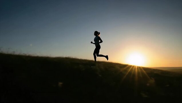 Single woman runner exercising ascending a hill in silhouette against a clear sunset sky