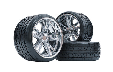 Obraz premium Shiny chrome car wheels and tires stacked