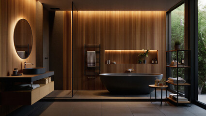 Modern minimalist bathroom interior with freestanding tub and wooden accents