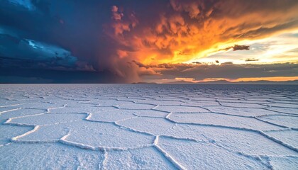 Hexagonal salt flat under dramatic, colorful storm clouds