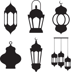 Islamic lantern design collection with crescent moon symbols for ramadan kareem celebration black vector silhouettes