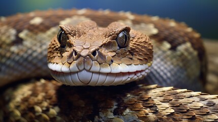 Intense Close-Up of a Brown Patterned Snake's Head and Coiled Body in Focus