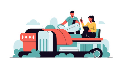 A cartoon illustration of a family on a camping road trip adventure together