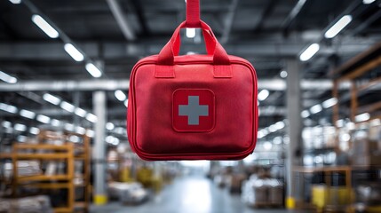 Red First Aid Kit Hanging in Industrial Warehouse Setting.