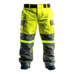 High visibility utility work pants with reflective detailing isolated on a transparent background
