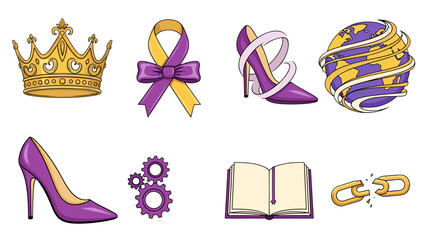 A collection of purple and gold symbols and objects on a black background
