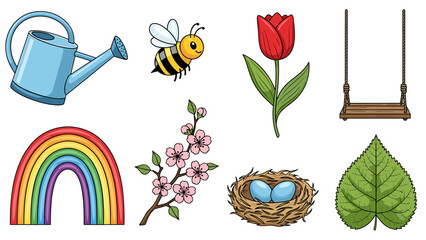 A colorful illustration of gardening and nature symbols on a black background