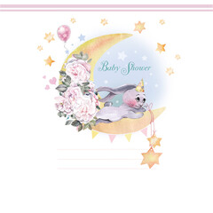 bunny with magic flowers on moon, stars, baby card, baby shower, happy birthday