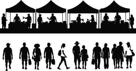 Black silhouettes of people shopping at outdoor farmers market tents representing community events local business street fair festivals and crowds © Itz Joydip