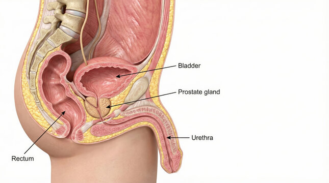 Sagittal view of the male pelvic anatomy, illustrating the bladder, prostate gland, urethra, rectum, and surrounding musculature.
