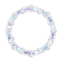 Circle frame of white, purple, blue and turquoise pearls. Elegant pearl wreath. Pearl necklace. Jewelry clipart. Hand-drawn watercolor illustration for ocean-themed design, posters, postcards