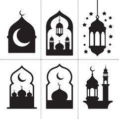Mosque architecture frames and ramadan lantern silhouettes set for islamic holiday greetings and decorative backgrounds