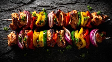 Fototapeta premium Kebab skewers arranged diagonally, dark stone surface