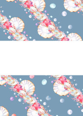 Ready-made postcard design with borders of seashells, pink corals, pearls on blue background, copy space for text. Underwater world clipart. Hand-drawn watercolor illustration for ocean-themed design