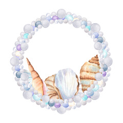 Pearl wreath of white, purple, blue and turquoise pearls and seashells. Pearl circle frame. Underwater world clipart. Hand-drawn watercolor illustration for ocean-themed design, posters, postcards
