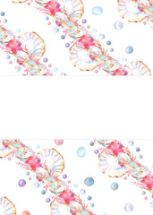 Ready-made postcard design with borders of seashells, pink corals, pearls, copy space for text. Underwater world clipart. Sea tourism. Hand-drawn watercolor illustration for ocean-themed design