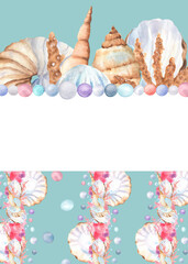 Ready-made postcard with beautiful sea shells, colorful pearls and copy space for text on turquoise background. Underwater world clipart. Hand-drawn watercolor illustration for ocean-themed design