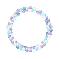 Double pearl frame of white, purple, blue and turquoise pearls. Wreath. Underwater world clipart. Pearl decoration. Hand-drawn watercolor illustration for ocean-themed design, posters, postcards