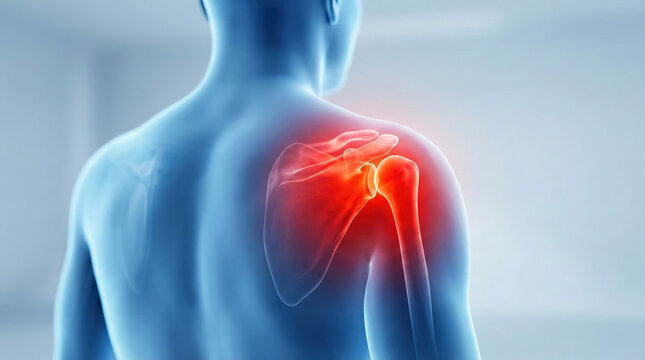 Anatomical illustration of a human shoulder joint experiencing inflammation and pain, highlighted in red.