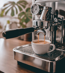 Professional espresso machine dispensing rich coffee into a white ceramic cup on a wooden countertop