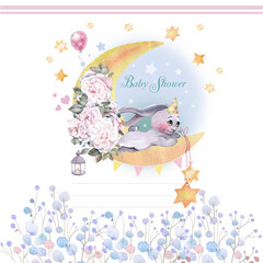 baby shower card with sleeping bunny sitting on moon, stars, happy birthday