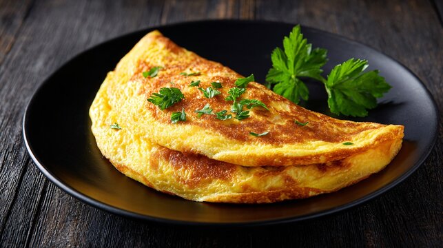 Omelette folded cleanly, dark plate, copy space