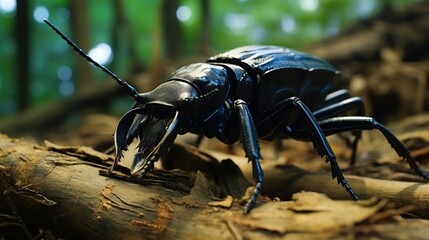Macro photograph of a large shiny black ground beetle perched on a weathered log in a forest setting