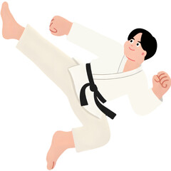 &ldquo;Female Martial Artist Performing High Front Kick in White Karate Uniform with Black Belt, Isolated on Black Background&rdquo;