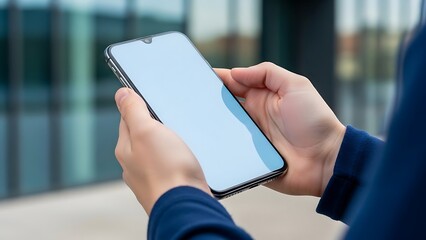 Close up of person's hands holding smartphone with blank white screen for mockup outdoors against blurred modern building