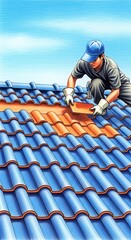 Roofer Repairs Blue Tiles.