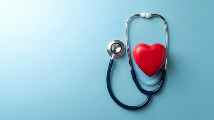 Medical stethoscope with red heart symbol on light blue background, healthcare concept.