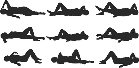 Relaxed human silhouette poses, lying down figure set, casual resting positions, black vector shapes, anatomy reference, artistic design elements © Moyuri