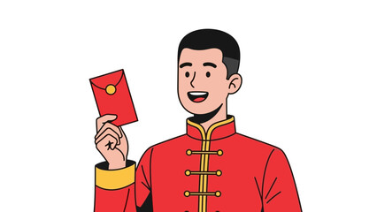 Smiling Man in Red Traditional Outfit Holding Red Envelope.