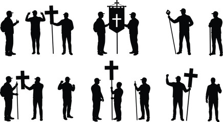 Religious procession, silhouette figures, symbolic faith, cross banners, pilgrimage scene, spiritual journey, tradition, black shapes, communal ritual, walking, gesture, devotion
