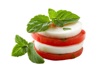 Fresh mozzarella and tomato slices stacked, topped with basil leaves