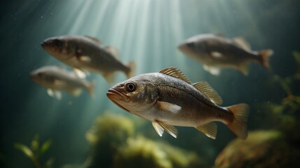 A school of fish swims gracefully in the clear underwater depths illuminated by striking sunbeams piercing the tranquil aquatic environment