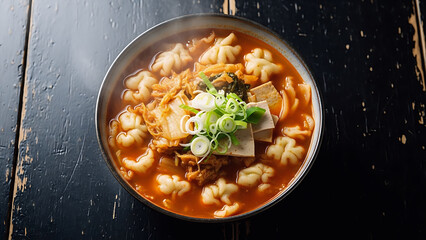 A steaming bowl of Korean kimchi sujebi, featuring handmade dough flakes, fermented kimchi, soft tofu slices  in a rich, spicy broth, garnished with scallions.