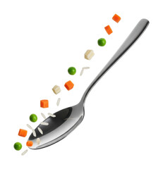 Scattering fresh vegetables and rice spoon kitchen minimalist style isolated on transparent background