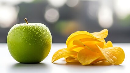 Green apple and crispy potato chips on a white surface representing healthy vs unhealthy snack choices
