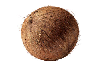 Close-up of a whole coconut.  A round, light brown coconut with a rough, fibrous husk
