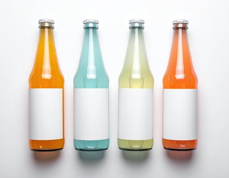 Four colorful glass bottles, blank labels, white background